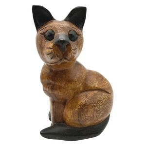 Vintage Hand Carved Wooden Cat Figurine Siamese Folk Art Sculpture Brown Black